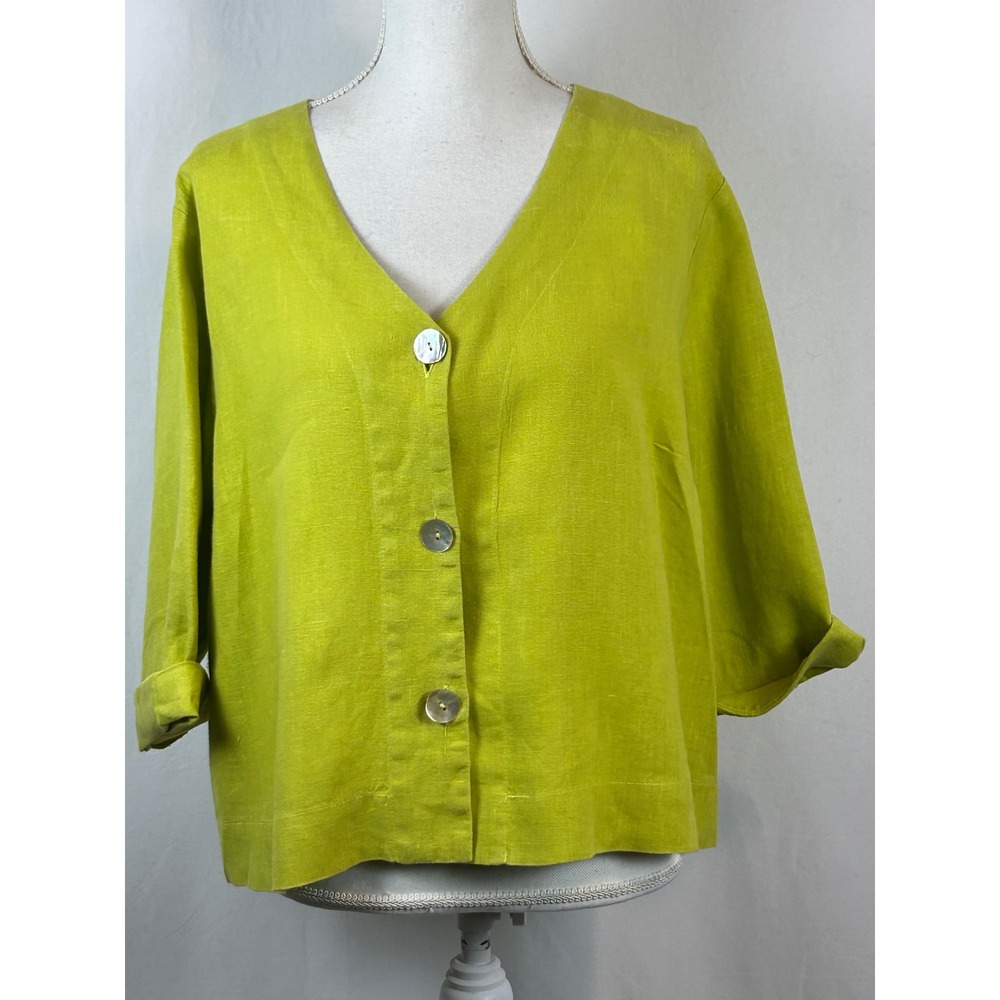 Flax Button Up Top Womens Medium Green Excellent Linen 3/4 Sleeve V-Neck Blouse